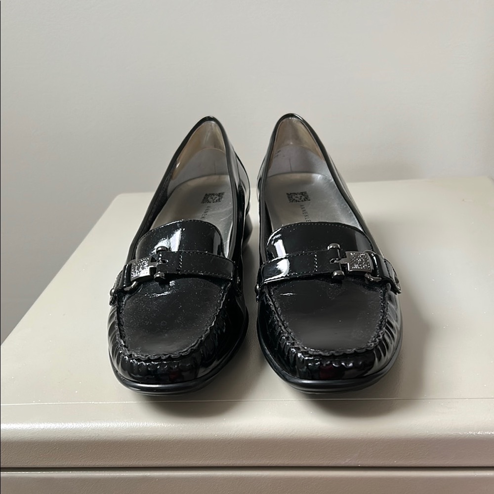 Anne Klein Black Patent Leather Loafers with Decorative Strap